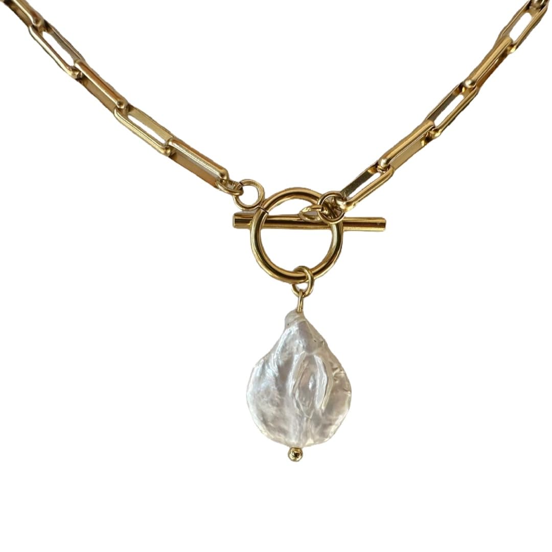 Mädelswelt | Handgefertigte Halskette mit vergoldeter Gliederkette und Barockperlen-Anhänger - Elegantes Schmuckstück aus Edelstahl - Kettenlänge ca. 45cm