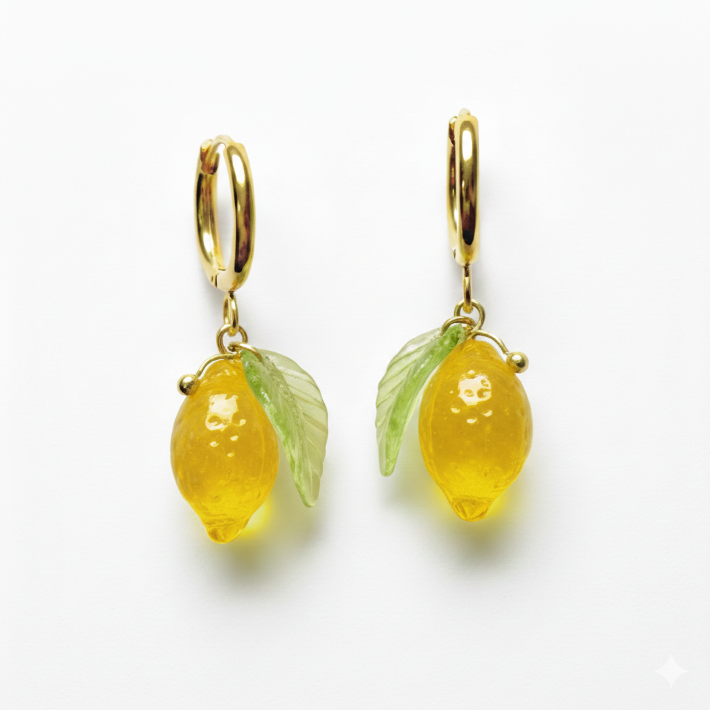 Zitronen Ohrringe | Handgemachte Ohrringe Creolen aus 18k Gold vergoldeten Edelstahl mit hängenden Zitrone Anhänger