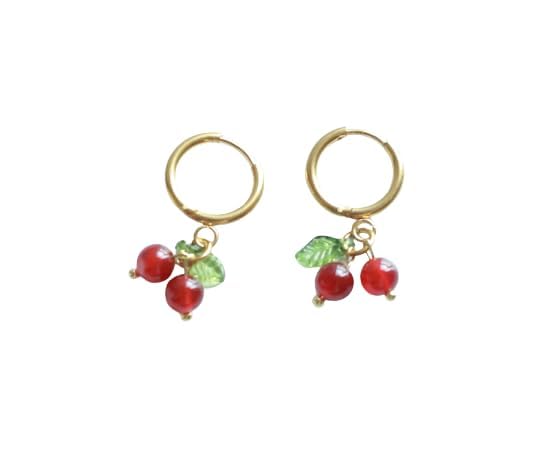 Mädelswelt | Handgemachte Ohrring/Creolen Kirschen | Stilvoller Edelstahl hängend Achat Stein Steinanhänger | Handmade Ohrring für Damen/Mädchen… (Gold/Rot)