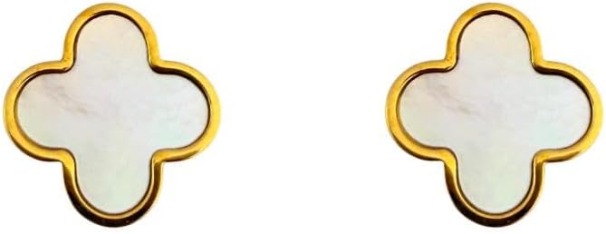Perlmutt-Kleeblatt-Ohrstecker für Damen, 18-Karat vergoldet, wasserfest, aus 316L Edelstahl mit echtem weißem Perlmutt