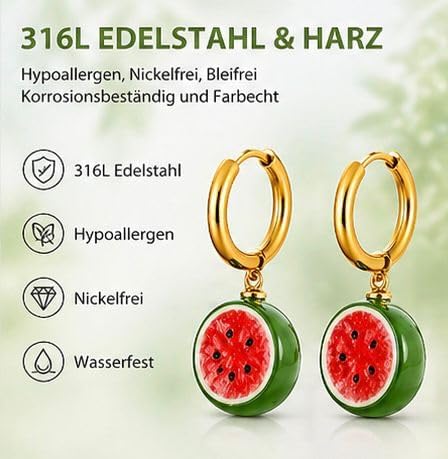 Creolen mit Wassermelone Anhänger, 316L Edelstahl & Harz, Hypoallergen, Nickelfrei, 10mm Creolen, 14-15mm Anhänger