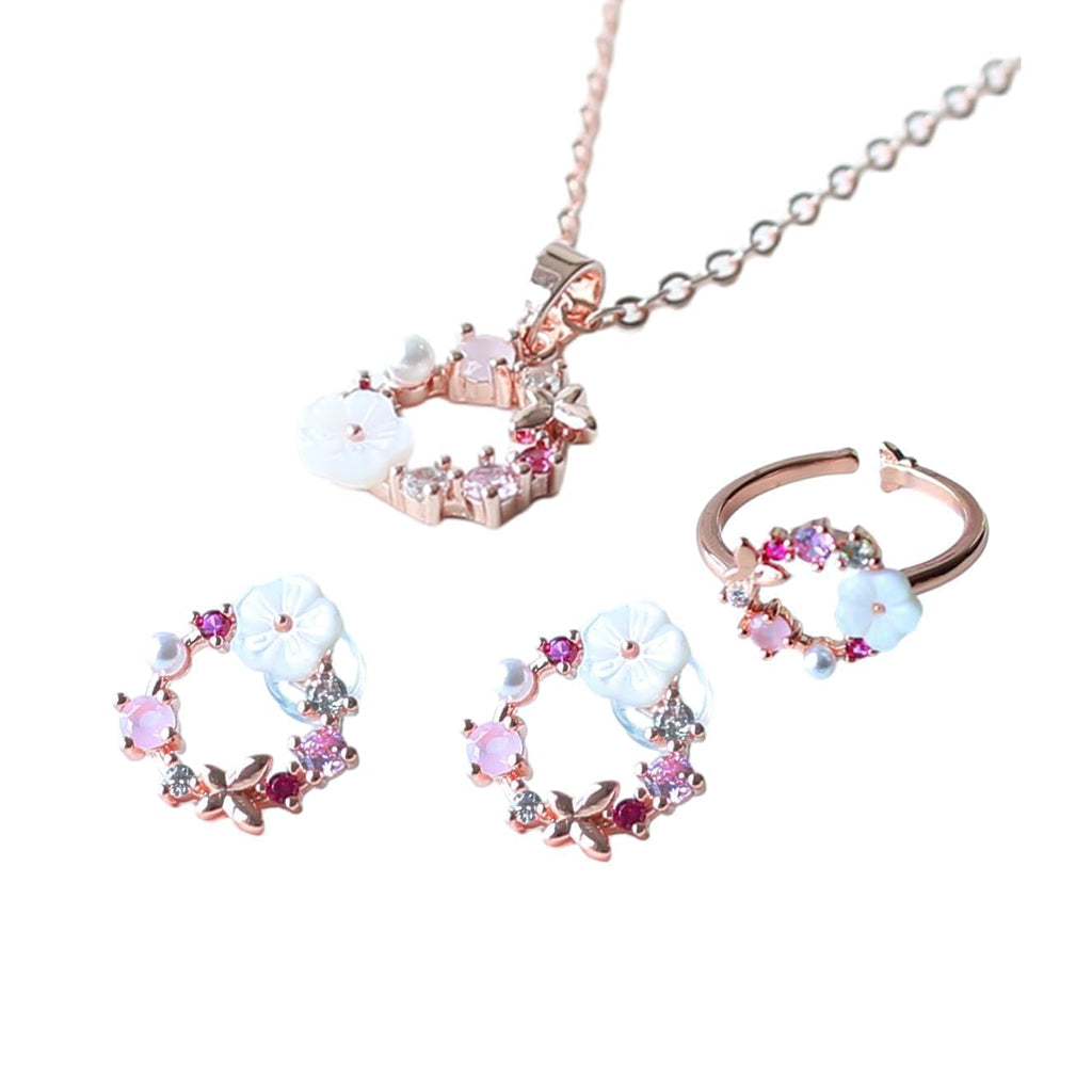 Schmuckset Rosegold mit Kirschblüte und Schmetterling Elegant für Mädchen glänzend - Rosegold vergoldet