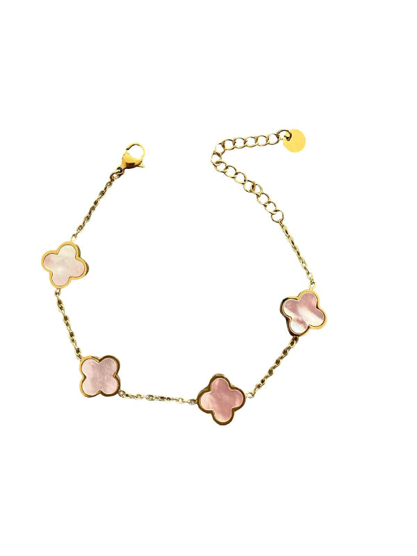 Elegantes Armband mit vierblättrigen Kleeblatt-Anhängern aus Perlmutt und vergoldetem Edelstahl Länge 16cm+5cm