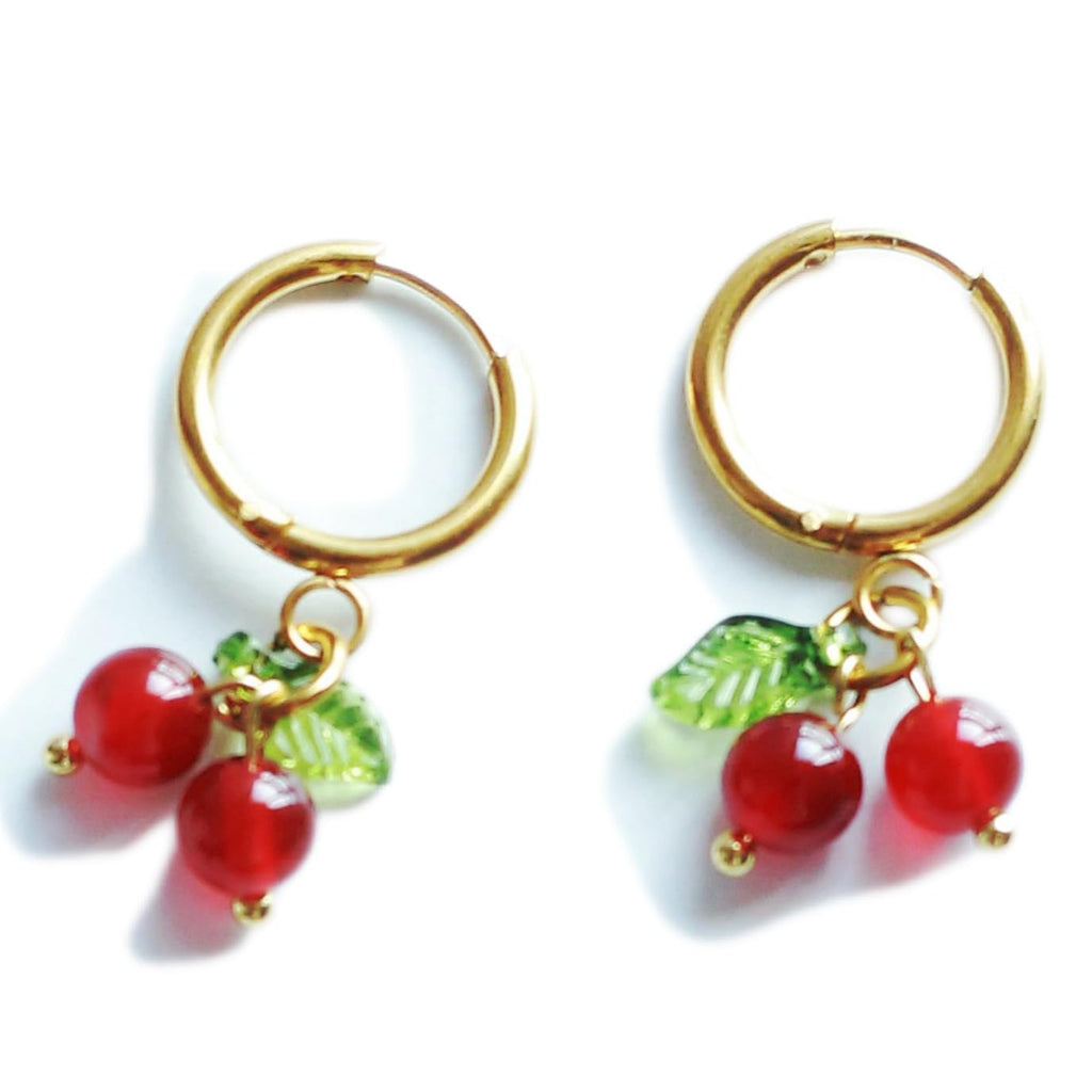 Mädelswelt | Handgemachte Ohrring/Creolen Kirschen | Stilvoller Edelstahl hängend Achat Stein Steinanhänger | Handmade Ohrring für Damen/Mädchen… (Gold/Rot)