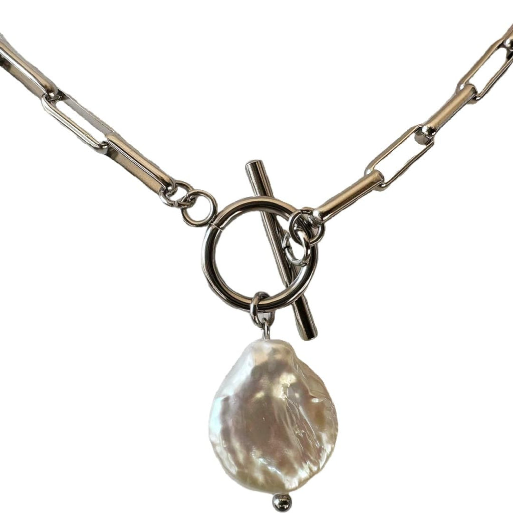 Mädelswelt | Handgefertigte Halskette mit vergoldeter Gliederkette und Barockperlen-Anhänger - Elegantes Schmuckstück aus Edelstahl - Kettenlänge ca. 45cm