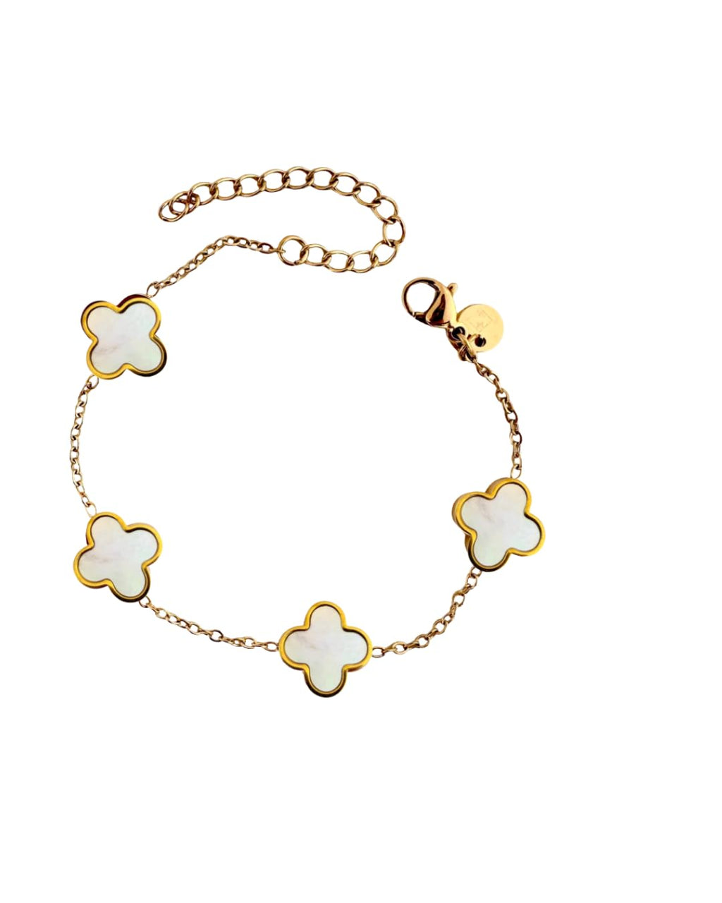 Elegantes Armband mit vierblättrigen weiß Perlmutt Kleeblatt-Anhängern und vergoldetem Edelstahl Länge 16cm+5cm
