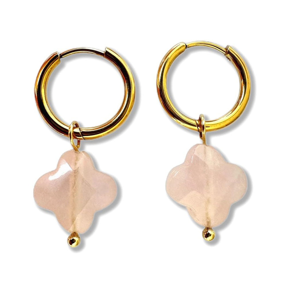 Mädelswelt | Elegante Kleeblatt Creolen handgefertigte Ohrringe mit Rosenquarz-Anhänger und goldenen Creolen - größe ca.16mmx32mm