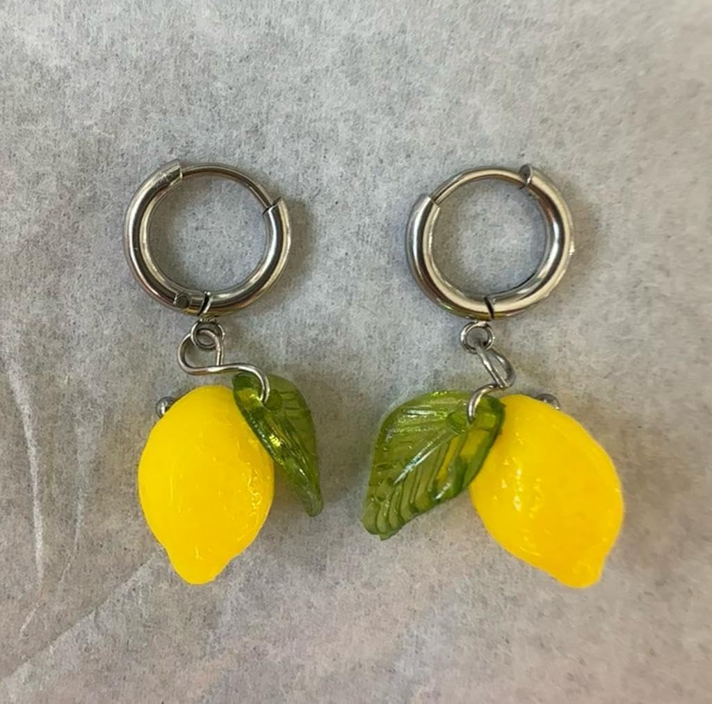 Zitronen Ohrringe | Handgemachte Ohrringe Creolen aus 18k Gold vergoldeten Edelstahl mit hängenden Zitrone Anhänger