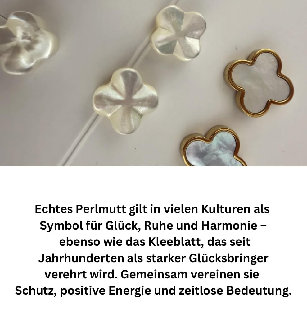 Elegantes Armband mit vierblättrigen weiß Perlmutt Kleeblatt-Anhängern und vergoldetem Edelstahl Länge 16cm+5cm