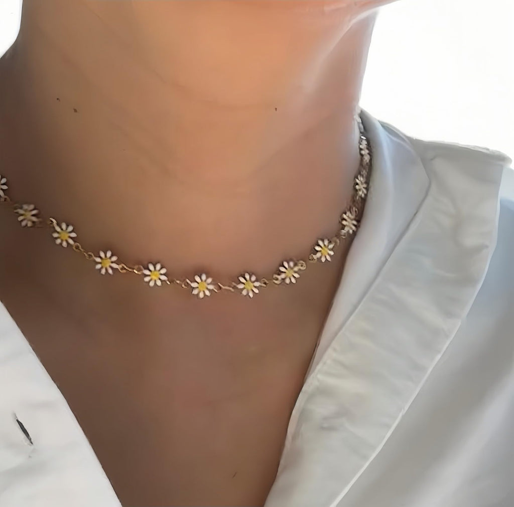 Mädelswelt Gänseblümchen Kette Choker Kette aus Edelstahl 316L kurze Halskette mit Emaille Blumenanhängern Lange ca.35cm+5cm