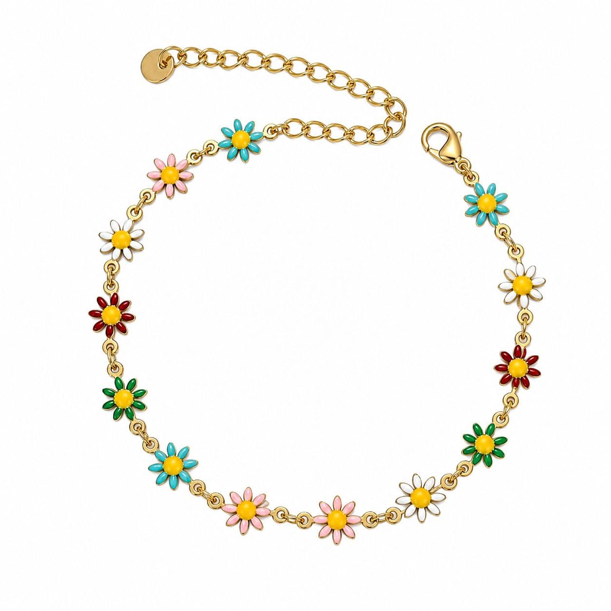 Fußkette aus Edelstahl, Gänseblümchen-Charms, Boho-Stil, Mehrfarbig, Wasserfest
