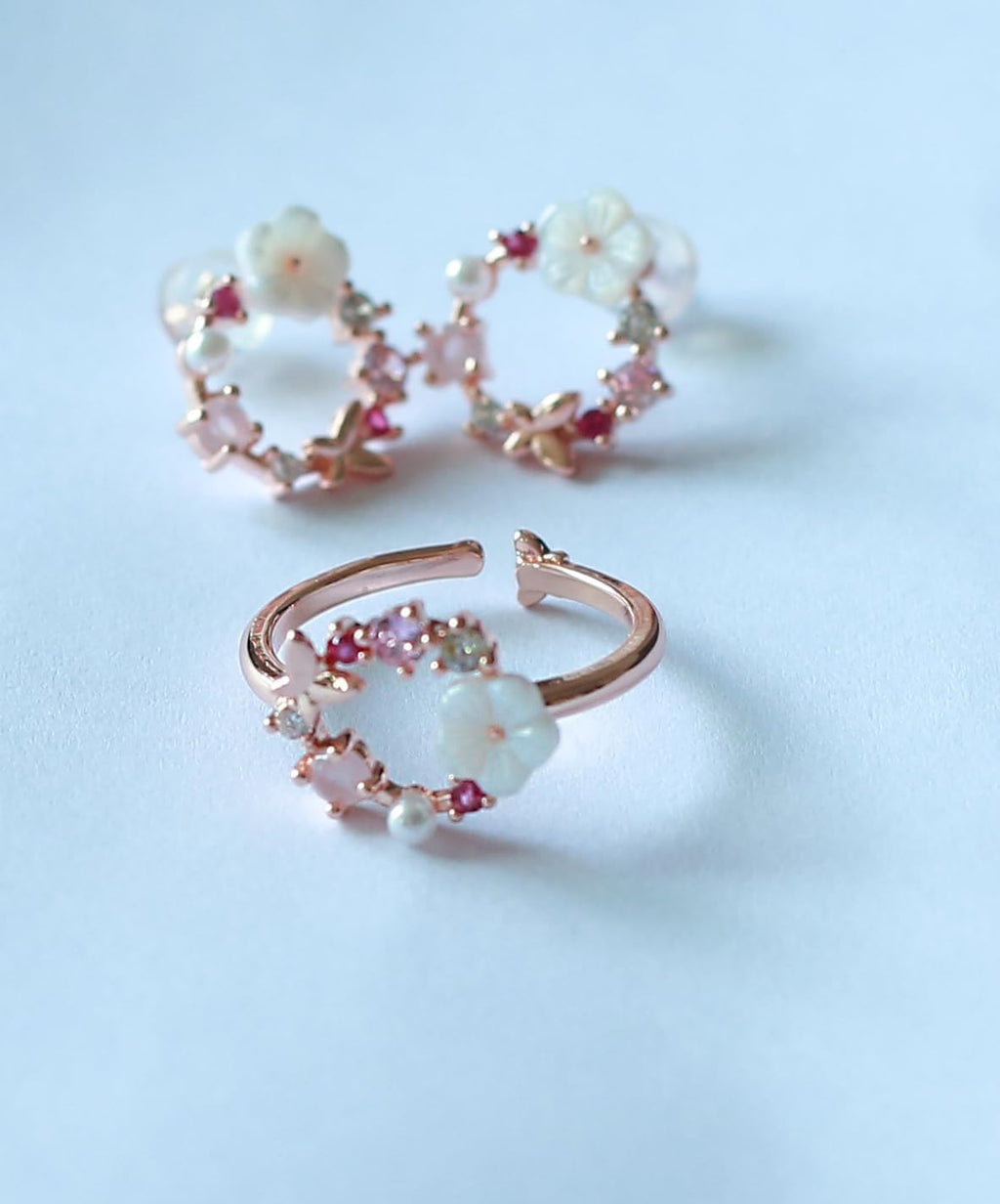 Schmuckset Rosegold mit Kirschblüte und Schmetterling Elegant für Mädchen glänzend - Rosegold vergoldet