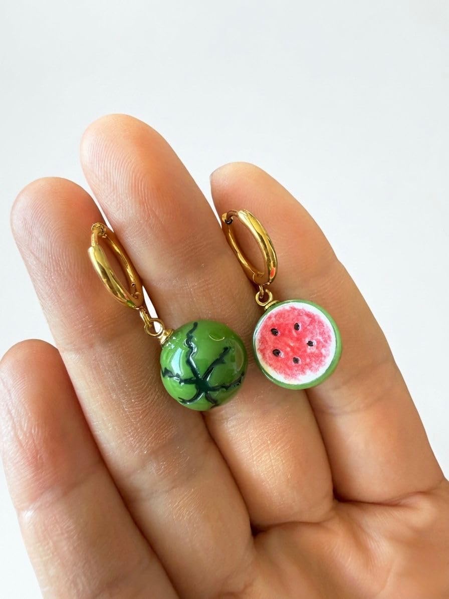 Creolen mit Wassermelone Anhänger, 316L Edelstahl & Harz, Hypoallergen, Nickelfrei, 10mm Creolen, 14-15mm Anhänger