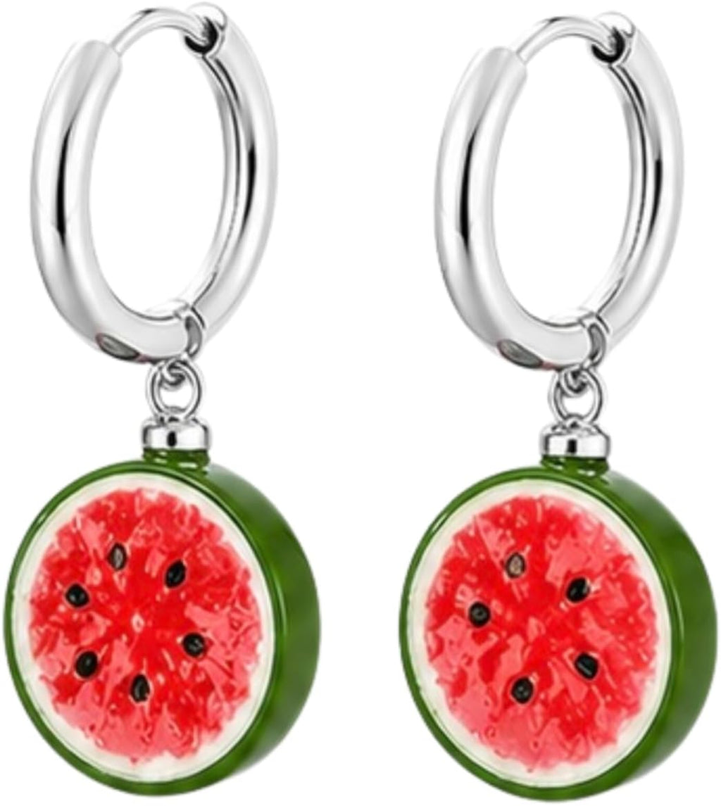 Creolen mit Wassermelone Anhänger, 316L Edelstahl & Harz, Hypoallergen, Nickelfrei, 10mm Creolen, 14-15mm Anhänger