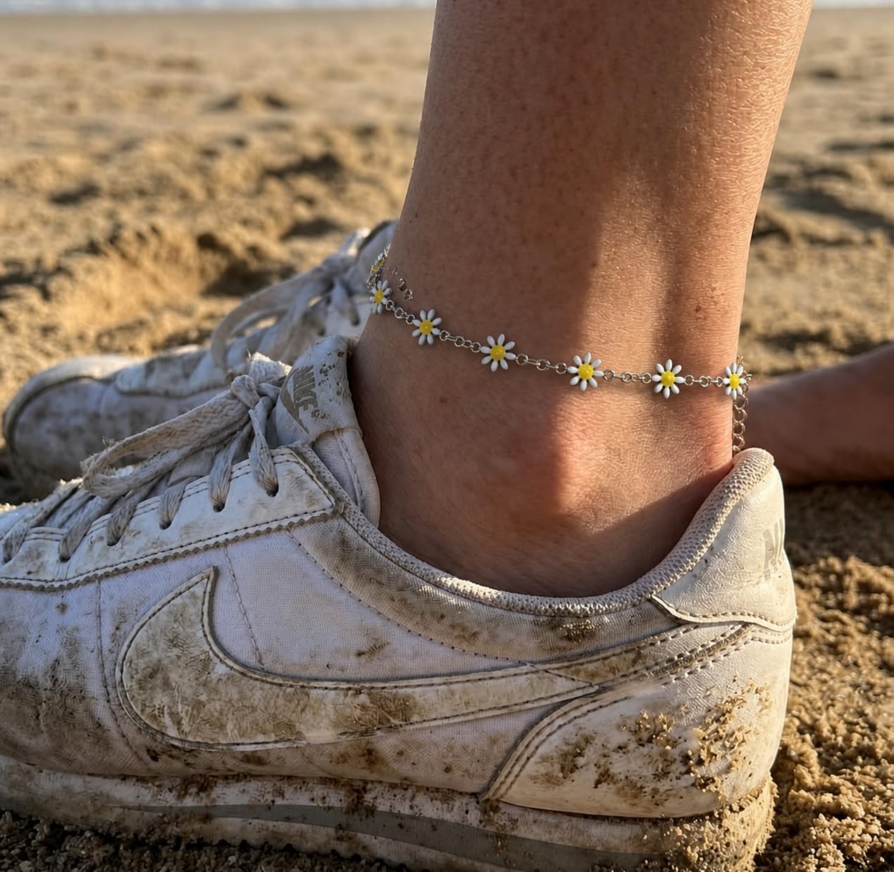 Fußkette aus Edelstahl, Gänseblümchen-Charms, Boho-Stil, Mehrfarbig, Wasserfest
