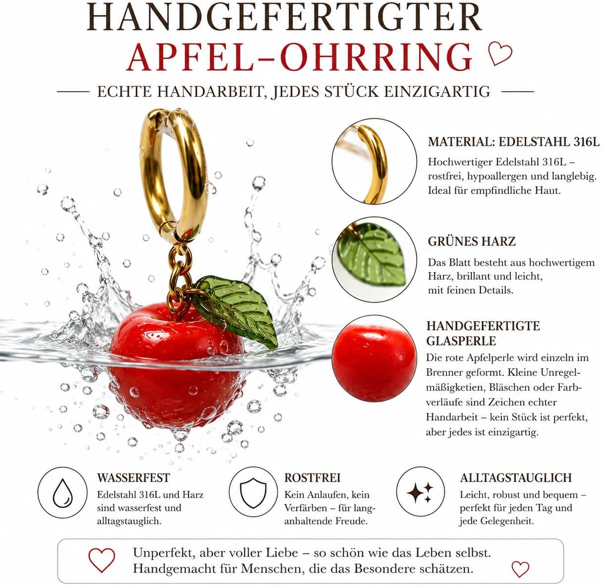 Handgemachte wasserfeste Ohrringe mit hängendem Glas-Apfel