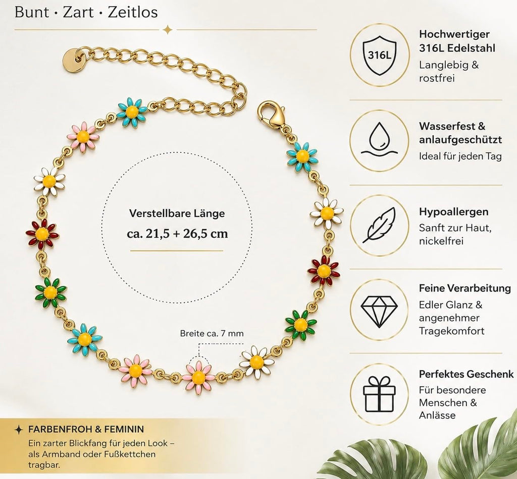 Fußkette aus Edelstahl, Gänseblümchen-Charms, Boho-Stil, Mehrfarbig, Wasserfest