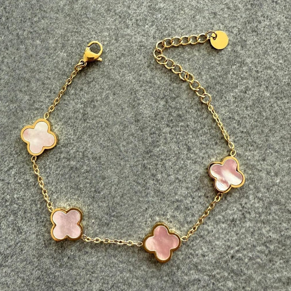 Elegantes Armband mit vierblättrigen Kleeblatt-Anhängern aus Perlmutt und vergoldetem Edelstahl Länge 16cm+5cm