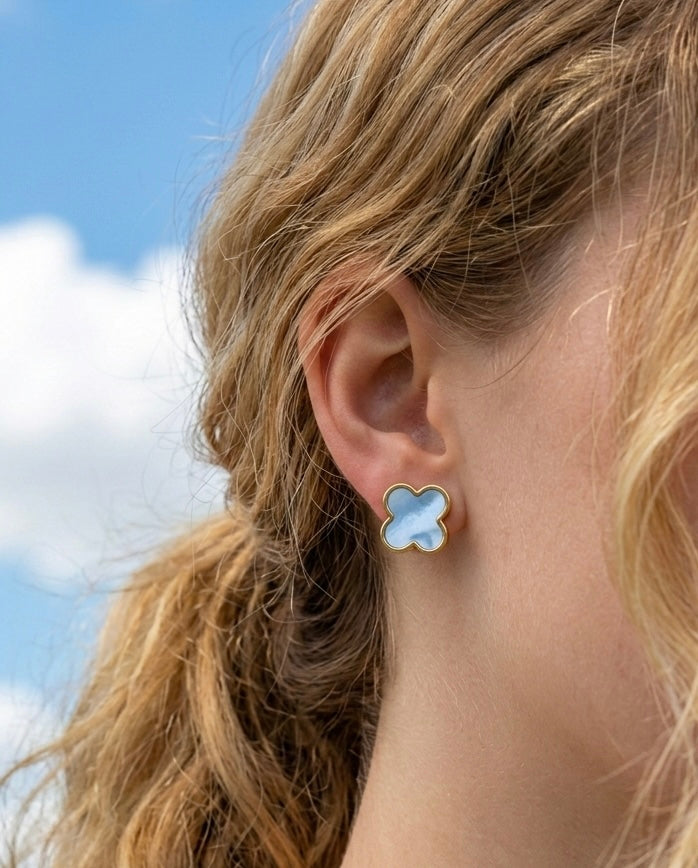 blau-Perlmutt-Kleeblatt-Ohrstecker