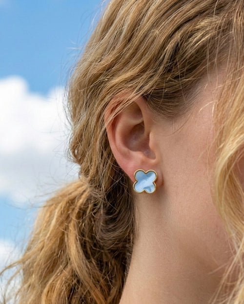 blau-Perlmutt-Kleeblatt-Ohrstecker